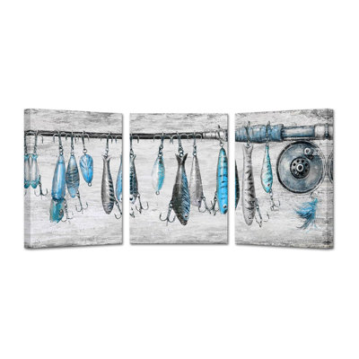 3-Piece Vintage Fishing Rod Canvas Wall Art Set, Blue and Grey Nautical Decor, Rustic Fish and Hook Painting for Cabin, Coastal Freshwater Artwork, 12x16'' Each, Ready to Hang