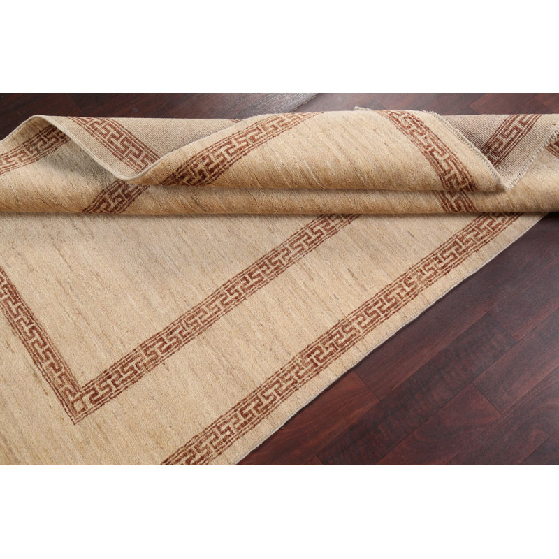 Tapis beige en laine noué à la main de conception unique 4 pi 2 po x 6 pi 1 po New Age