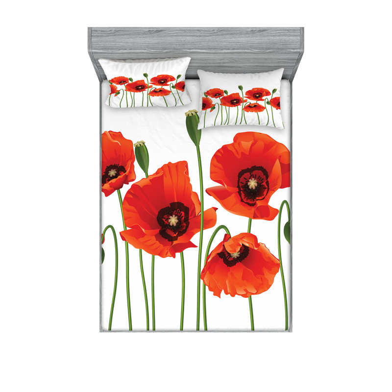 Ambesonne Floral Fitted Sheet & Pillow Sham, Red and Green, Full Sheet Set + 5 Additional pieces