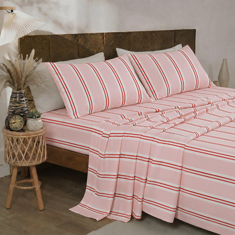 100% Cotton Sheet Set Full Size, Pink Stripes Bedding, Soft Breathable Percale Weave, Modern Minimalist, Luxury Linen Like, Deep Pocket Fitted Sheet 17.5"