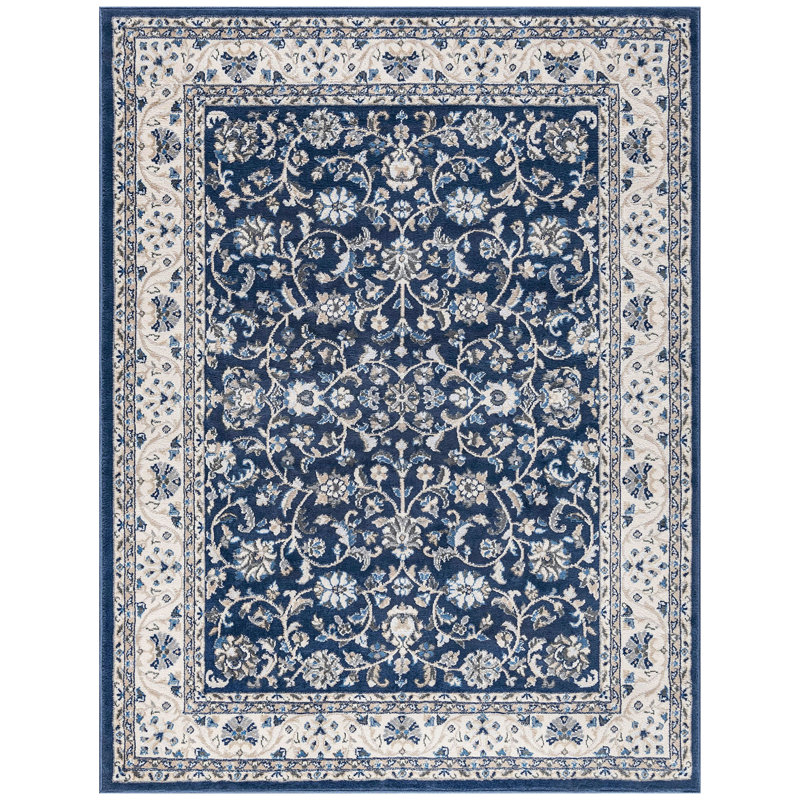 Tapis oriental bleu foncé / crème Anmie, Rectangle 3 pi 11 po x 5 pi 3 po