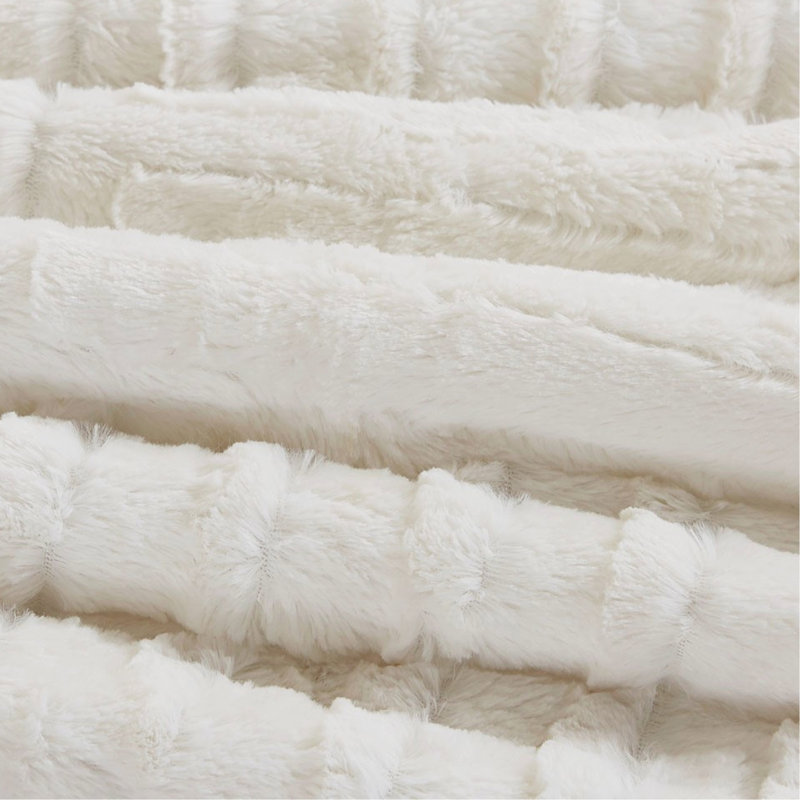 Édredon en fausse fourrure avec motif damier pour un intérieur de rêve, Édredon double et 2 taies décoratives, Ivoire ivoire