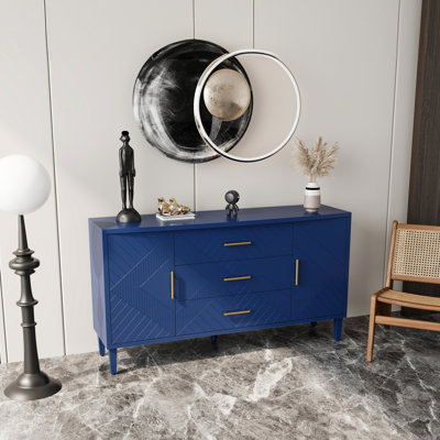 Élégante armoire de rangement en bleu marine. 2 portes, 3 tiroirs. Pour la chambre à coucher, le salon, le bureau. Avec placage en bois massif. Bureau courbé pour plus d'espace. Poignées en alliage de zinc de qualité. Abondante tablette réglable.