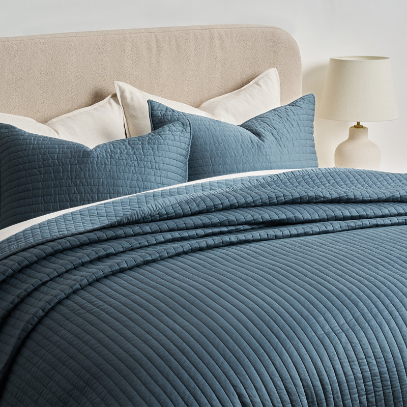 Ensemble de courtepointe en coton et satin, Bleu Sonoma, Courtepointe pour lit grand + deux taies décorati