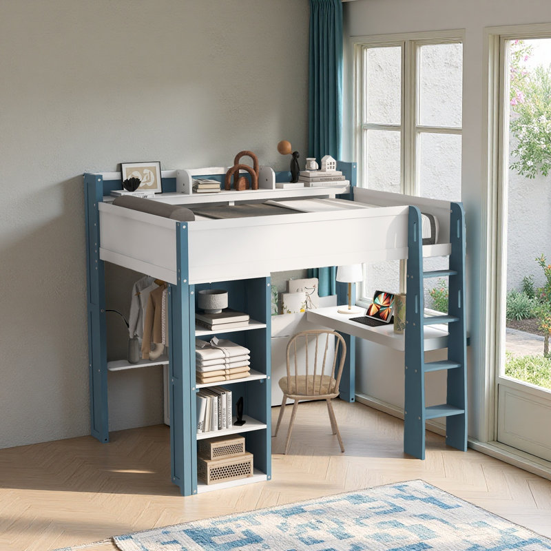 Lit mezzanine double avec bureau intégré et tablettes de rangement, Blanc / Bleu