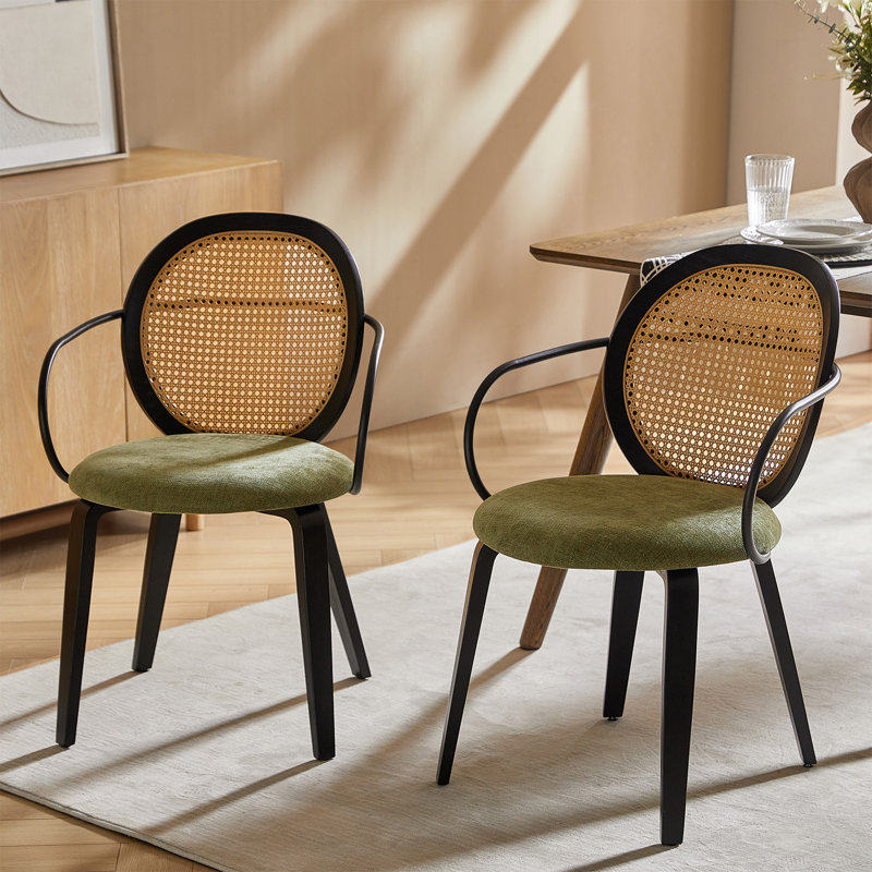 Dionisio 19.5W Mid-Century Modern Rattan Accents Dinning Chair With Solid Wood Legs Set Of 2, Moss