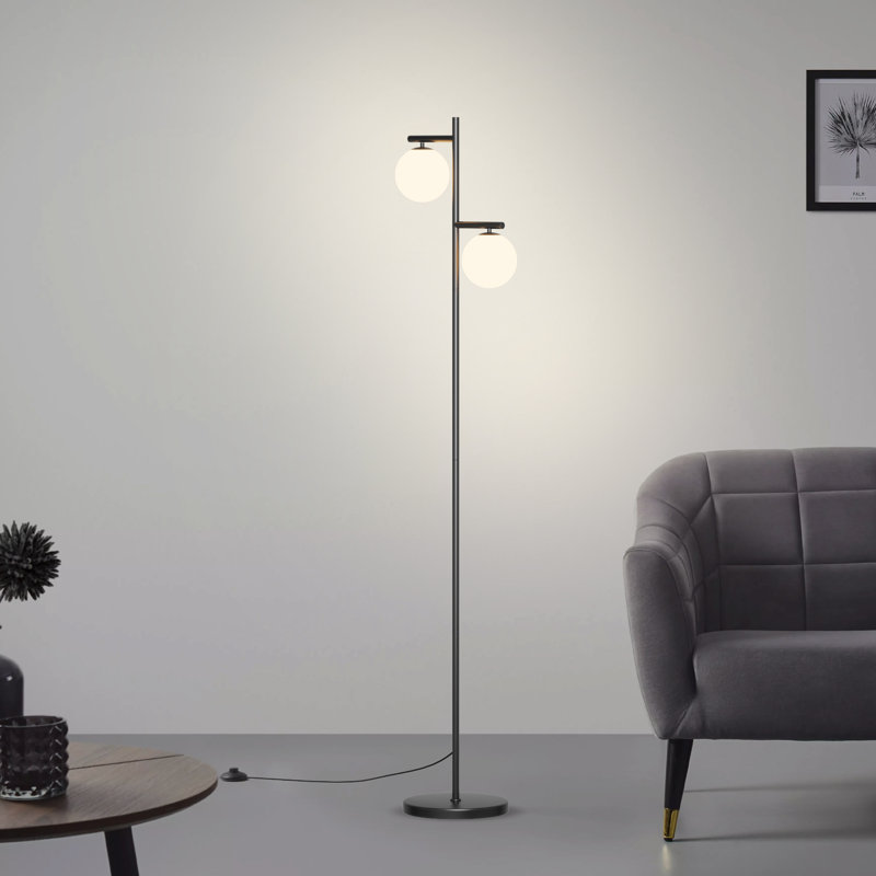 Lampe sur pied à branches 2 lumières avec abat-jour en verre blanc 64,96 po Lytch, Noir