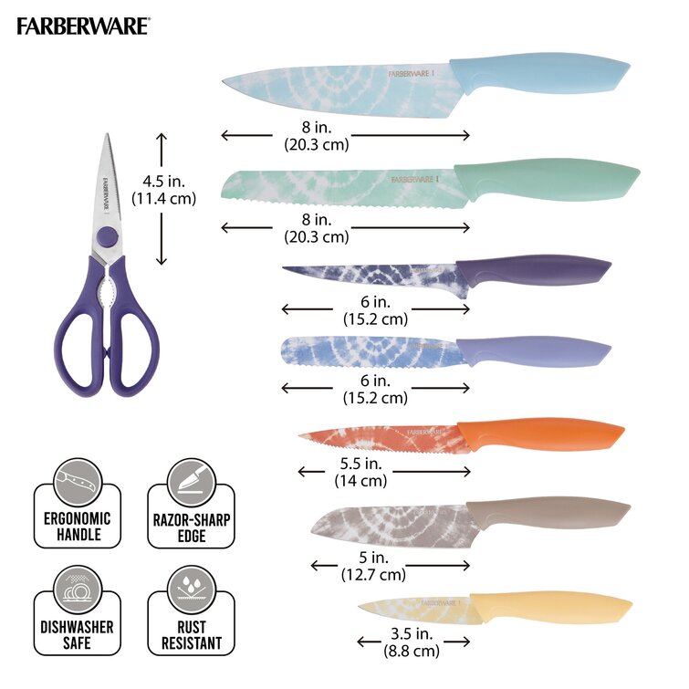 Farberware 12-Piece Non-Stick Resin, Dishwasher-Safe Kitchen Knife Set with  Custom-Fit Blade Covers, Razor-Sharp, Multicolor