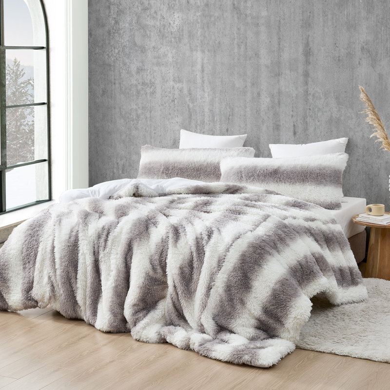 King White and Gray Faux Fur Comforter Set