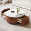 Table basse ronde moderne mobile avec roulettes, 2 tiroirs et plateau en marbre fritté durable-133526207