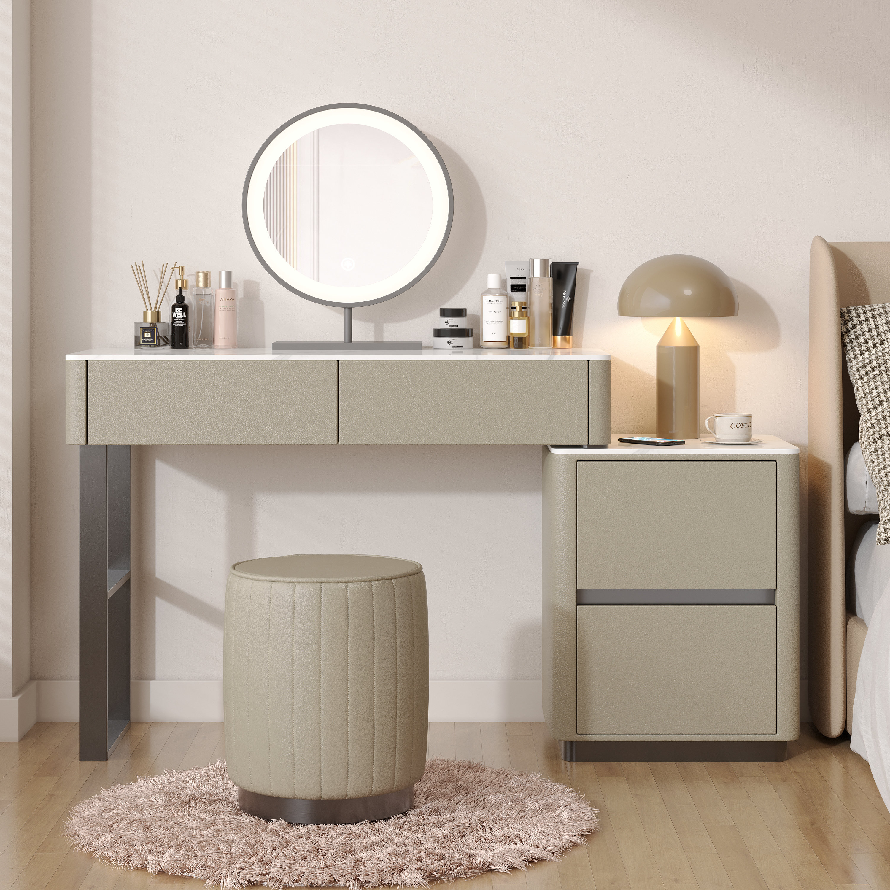 Hokku Designs Cream Makeup Vanity Set with Adjustable Mirror & Faux Leather Stool