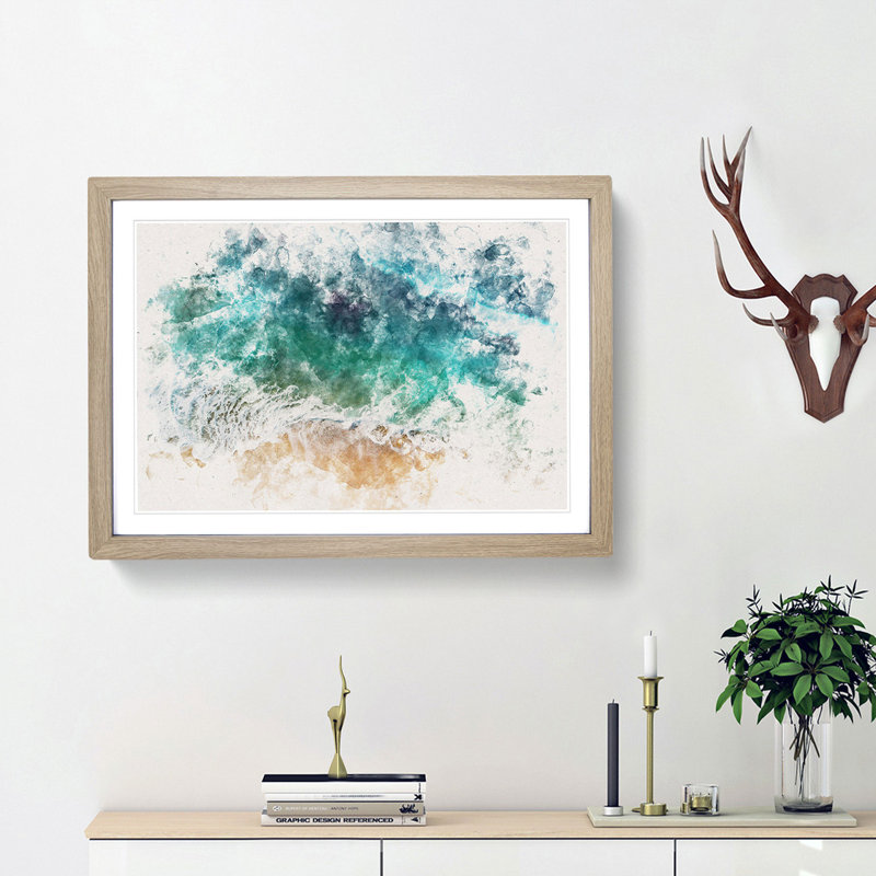 Beach in Honolulu Hawaii Watercolour - Picture Frame Graphic Art Print, 62cm H x 87cm W x 2cm D, Oak Framed