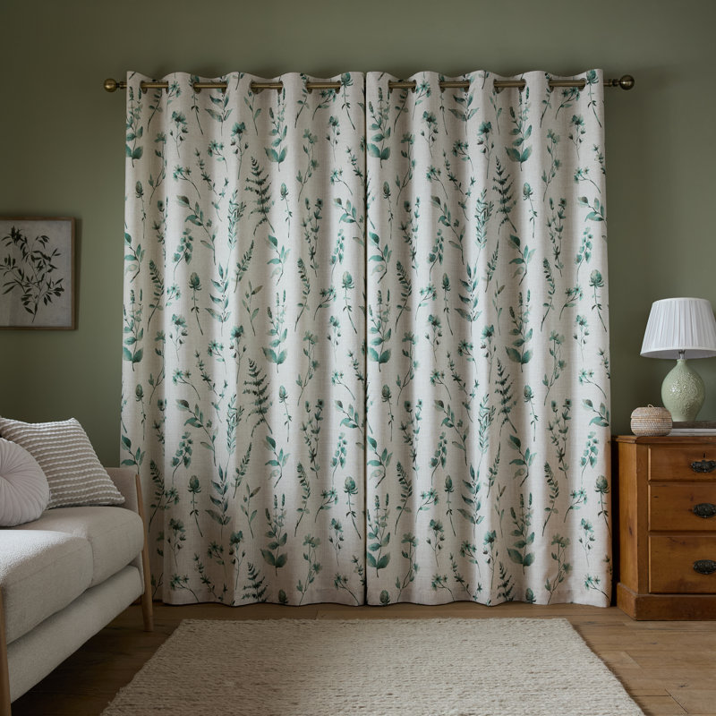 Watercolour Leaves Lined Eyelet Curtains, 66x90 Inch