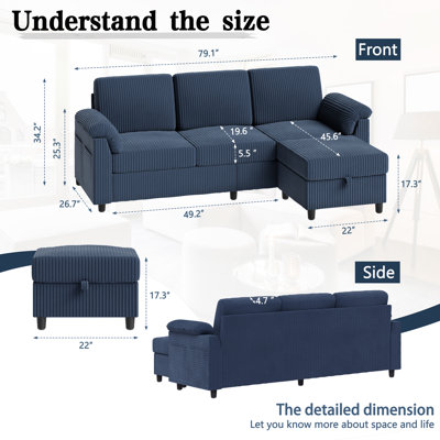 79" Upholstered L-Shaped Sofa with Ottoman 