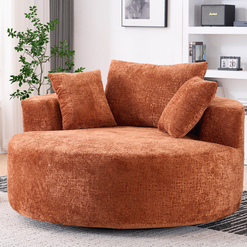Oversized Upholstered Barrel Accent Swivel Chair– 55" Waffle Chenille, Compression, Orange