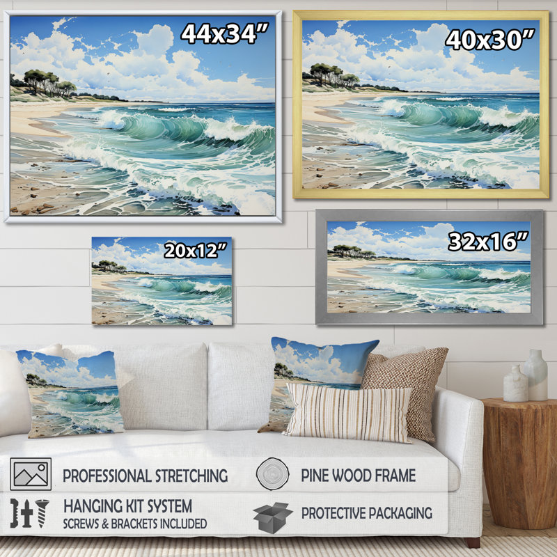 Beach Serene Shores Pointillism - Landscapes Canvas Wall Art, 12" H x 20" W, Cadre flottant doré