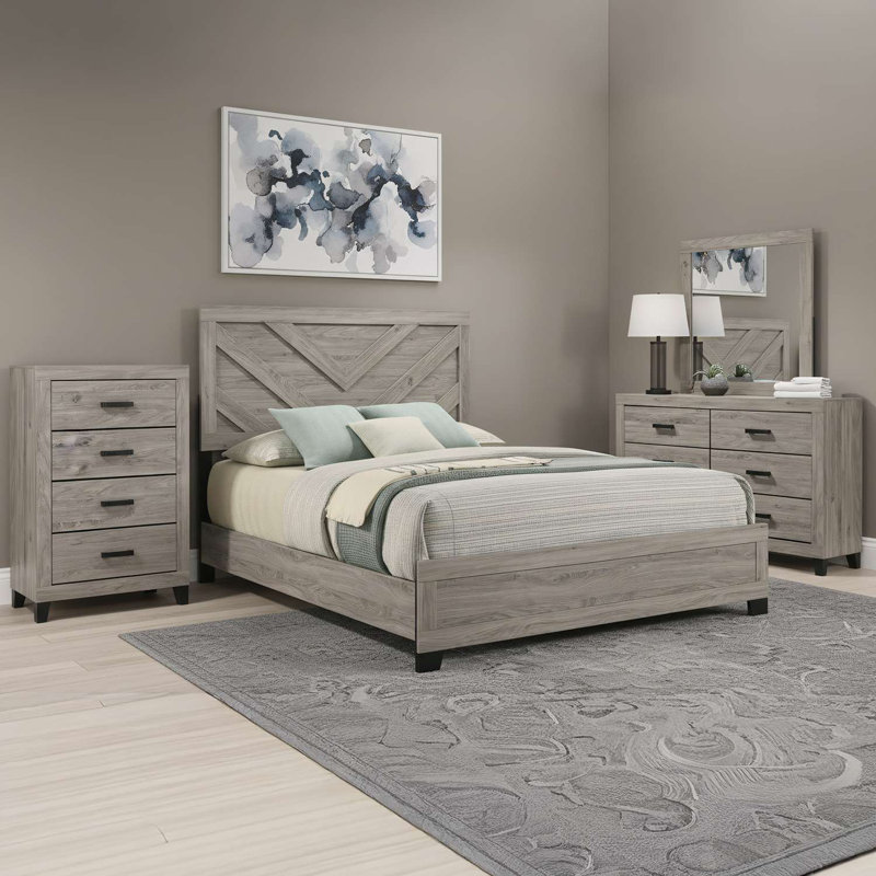 Ensemble de chambre à coucher grand lit en bois gris patiné avec tête de lit à chevrons, commode, miroir et commode, Grand