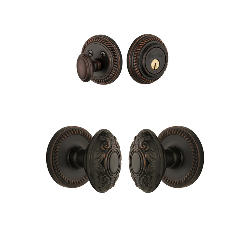 Ensemble d'entrée complet Newette Rosette avec pêne dormant cylindrique simple et bouton Grande Victorian, Bronze intemporel