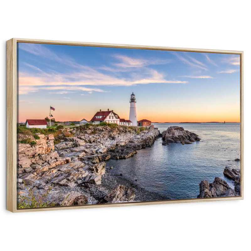 Coucher de soleil sur le phare de Portland Head, Cadre flottant en bois naturel, 37 po x 25 po