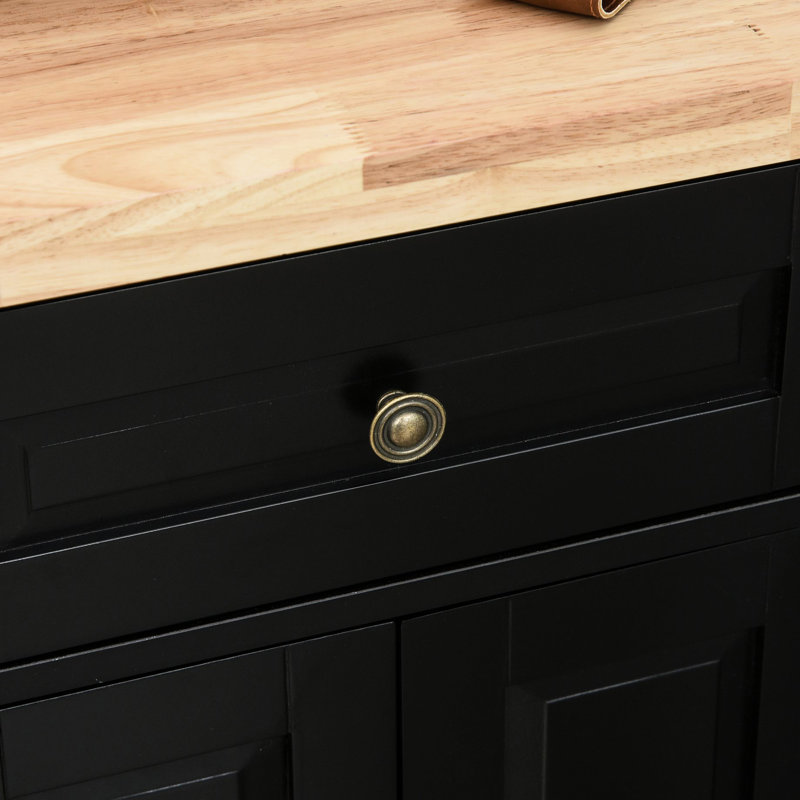 Kitchen Island On Wheels With Construction, Black, Features Spice Rack, Towel Drawers & Adjustable Shelves Mobile Counter In Boasts Rubberwood Top, Rack And Organized Storage Space