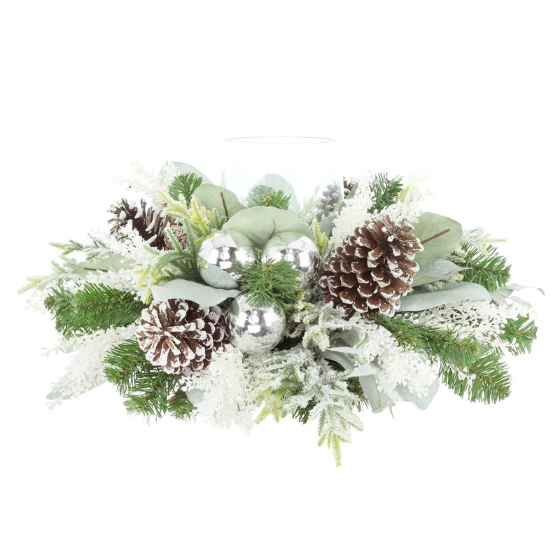 Holiday Candleholder Centerpiece with Evergreen, Pinecones and Ornaments