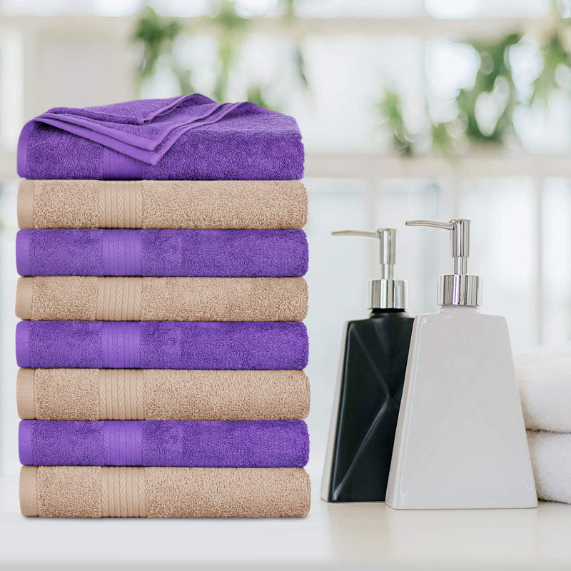 100% Cotton 600 GSM Bath Towels, Beige/Purple