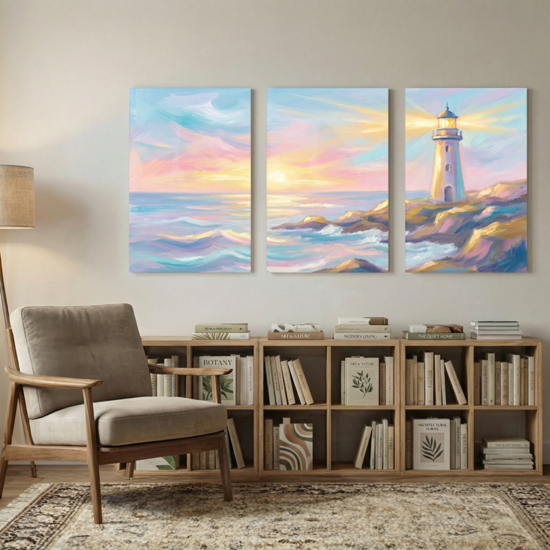 Abstrait coucher de soleil phare océan vagues ciel reflets côte rocheuse ensemble de 3 impressions d'art sur toile