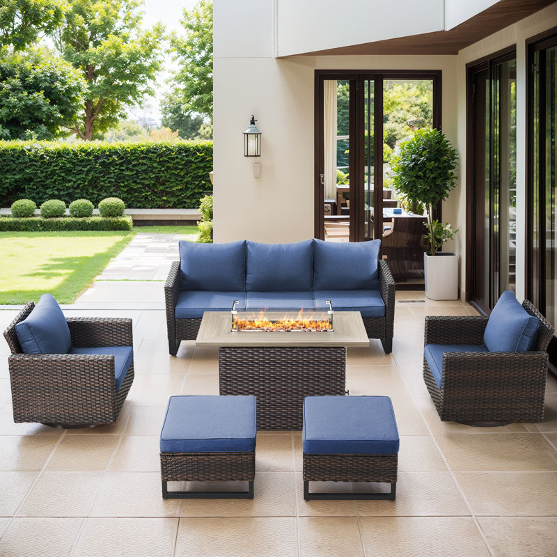 Naresa 6-Piece Outdoor Sofa Set, Wicker Patio Furniture Set With Fire Pit Table, All-Weather PE Wicker , Brown Wicker Beige Cusion