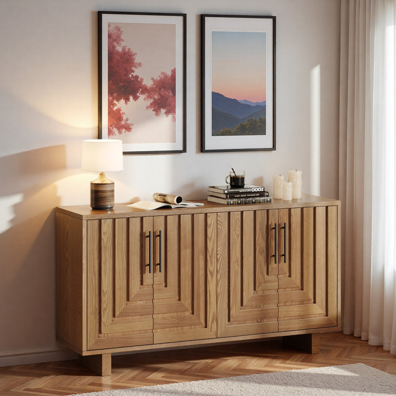 Modern Sideboard With Metal Handles And Geometric Line, Natural