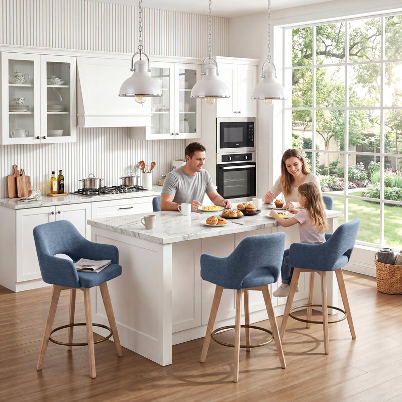 Lovetro Swivel Full Back Linen Upholstered 26.8"H Counter Stool with Solid Wood Frame and Arms, Blue