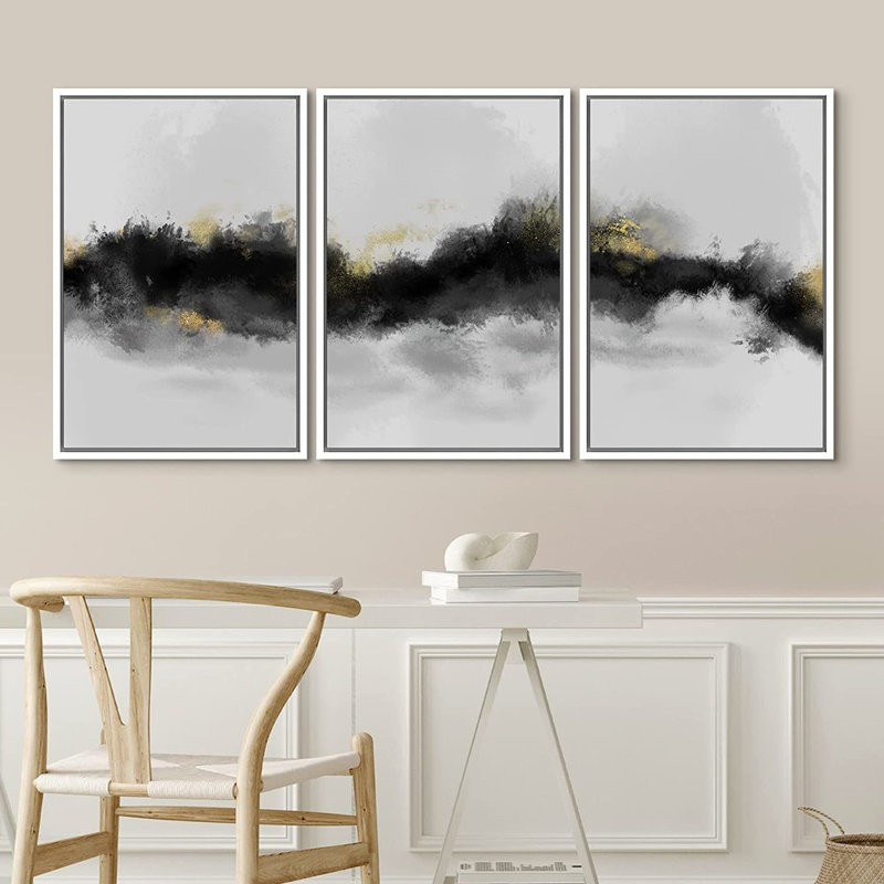 «Smoke Effect Strokes Abstract», peinture sur toile 3 pièces, L 48 po x H 24 po, Blanc