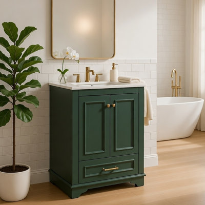 Meuble-lavabo avec lavabo en céramique Daizy, armoire 2 portes, bois vert
