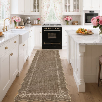 Tapis beige lavable antidérapant à motif de nœuds festonnés pour le salon, la chambre, la chambre de bébé, le vestibule et la salle de jeux
