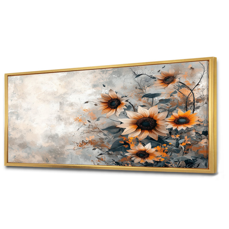 Donaho, hiver, tournesols, champs dans la campagne IV - tournesols, art mural, H 28 po x l 60 po, Doré