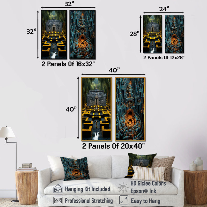 Ancienne pierre Maya gris et jaune labyrinthe II - ensemble de 2 reproductions d'art labyrinthe, Cadre flottant noir