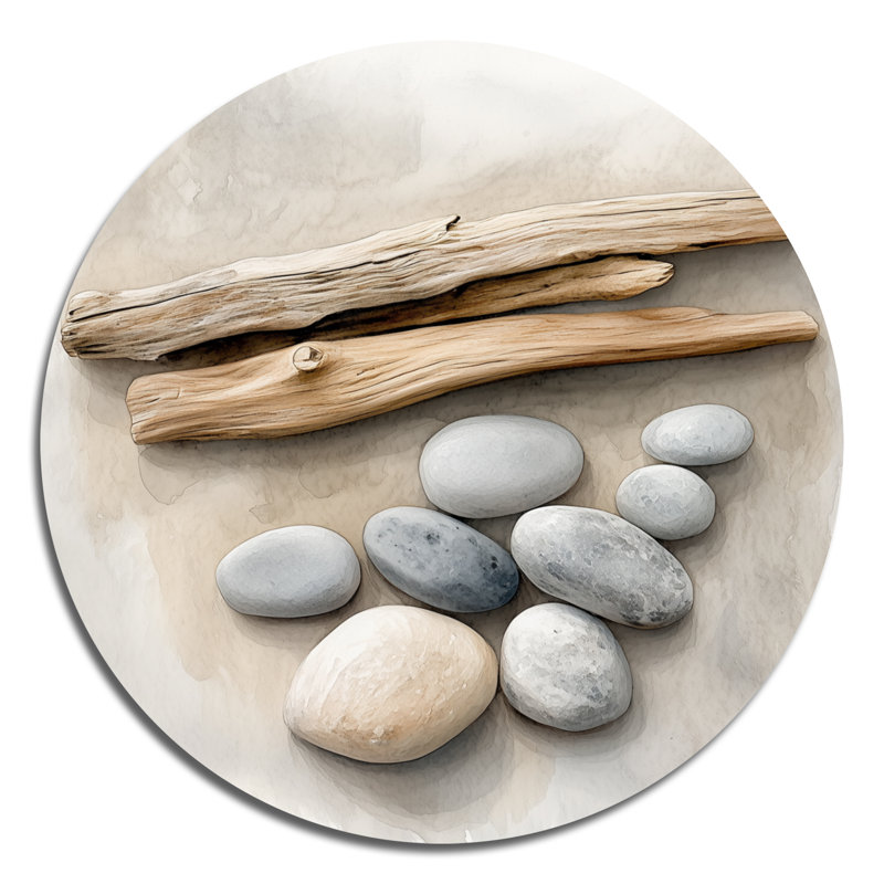 Costal bois flotté et galets de pierre - art mural rond en métal Coastal Large, L 36 po x H 36 po