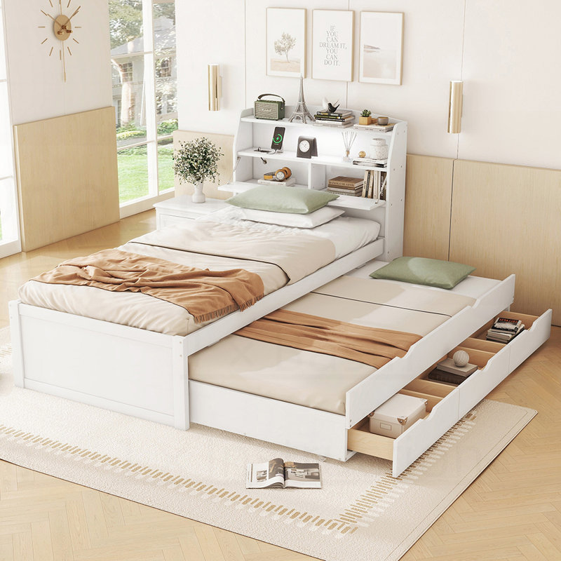 Lit plateforme en bois à DEL avec lit gigogne, tête de lit et tiroirs, pour les chambres modernes et l'efficacité de l'espace