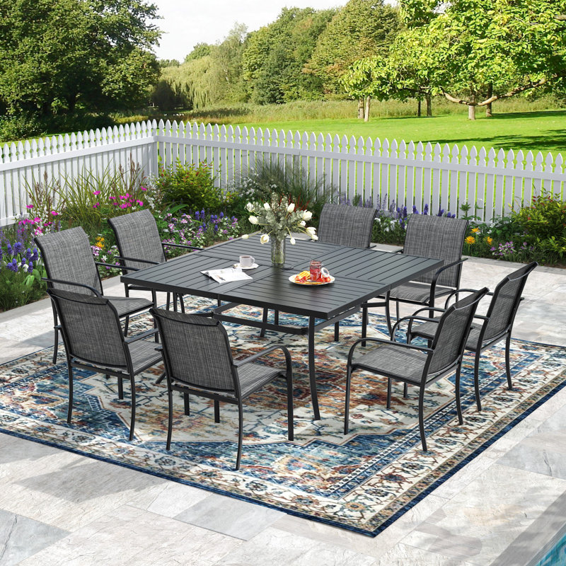 Ensemble repas extérieur pour 8 personnes avec chaises empilables, Noir/gris