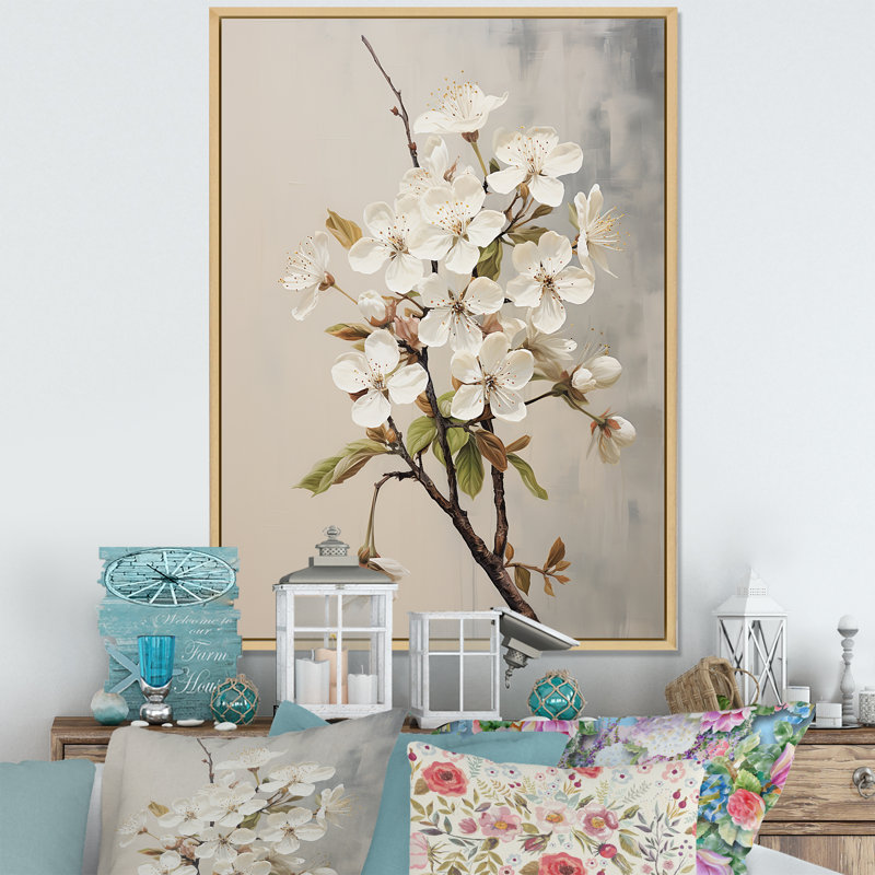«White Apple Blossom Whispers», reproduction sur toile_106415, Cadre naturel flottant, H 32 po x l 16 po x P 1 po