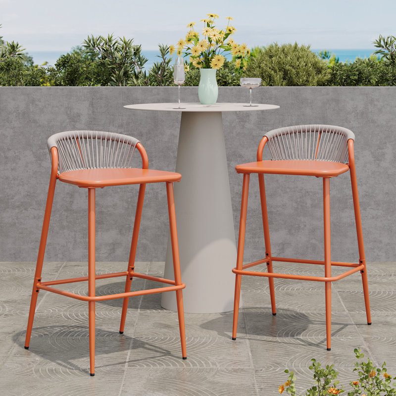 Set Of 2 Outdoor Patio Barstools, 29" Seat Height Aluminum Frame With Rope-Woven Scallop-Shaped Backrest, Orange