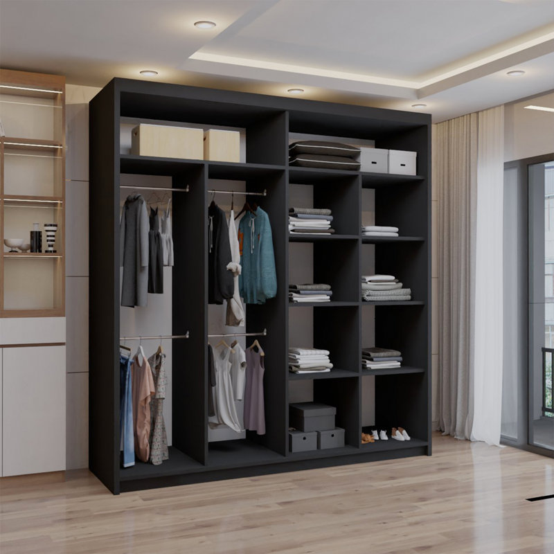 Ashawni 2 Door Laminate Wardrobe, Matte Black, 217cm H x 203cm W x 62cm D