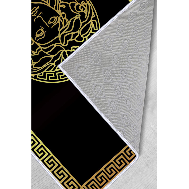 Polyester tissé à la machine Holladay en noir / jaune, Rectangle 1 pi 8 po x 2 pi 7 po