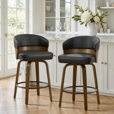 Mid-Century Modern Walnut Bentwood Swivel Bar Stool With Thick Cushioned Seat & 350 Lbs Capacity(Set Of 2)