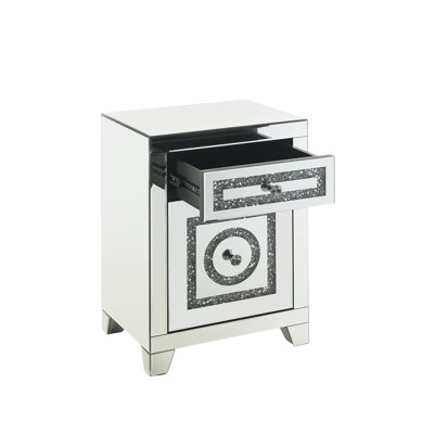 Mirrored & Faux Diamonds Accent Table For Storage - Metal + Synthetic Wood, 26"h X 18"w 14"d, 46lb With Diamonds, 2 Drawers, Space Feature