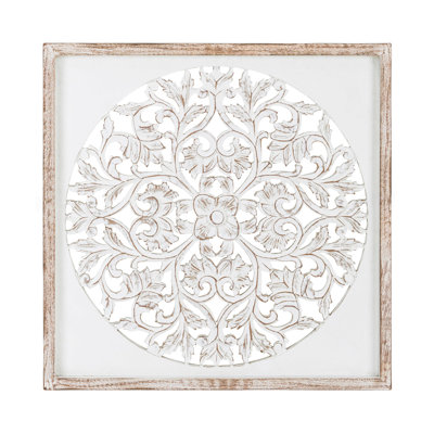 Corky 24" Square Carved Distressed White Floral Medallion Wall Décor