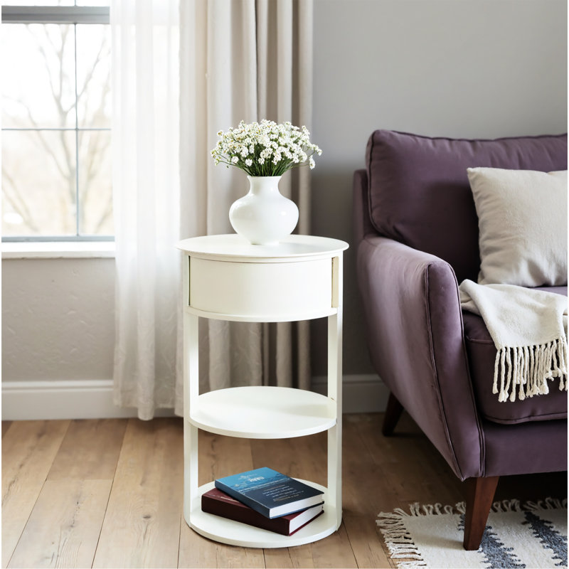 Table d'appoint ronde à 3 niveaux en métal, blanc mat, fer, trois tablettes, porte coulissante sécurisée, sans assemblage, idéale pour un lit ou un lit, convient aux espaces restreints, se déplace parfaitement, complète n'importe quelle table décorative