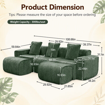 Streamlined Design Modular 3 Seat U Shape Sectional Boneless Sofa with French Edge Piping, No Assembly Required,3-Seat Sofa Couch with Throw Pillows and 2 Movable Ottomans, Velvet Fabric Red