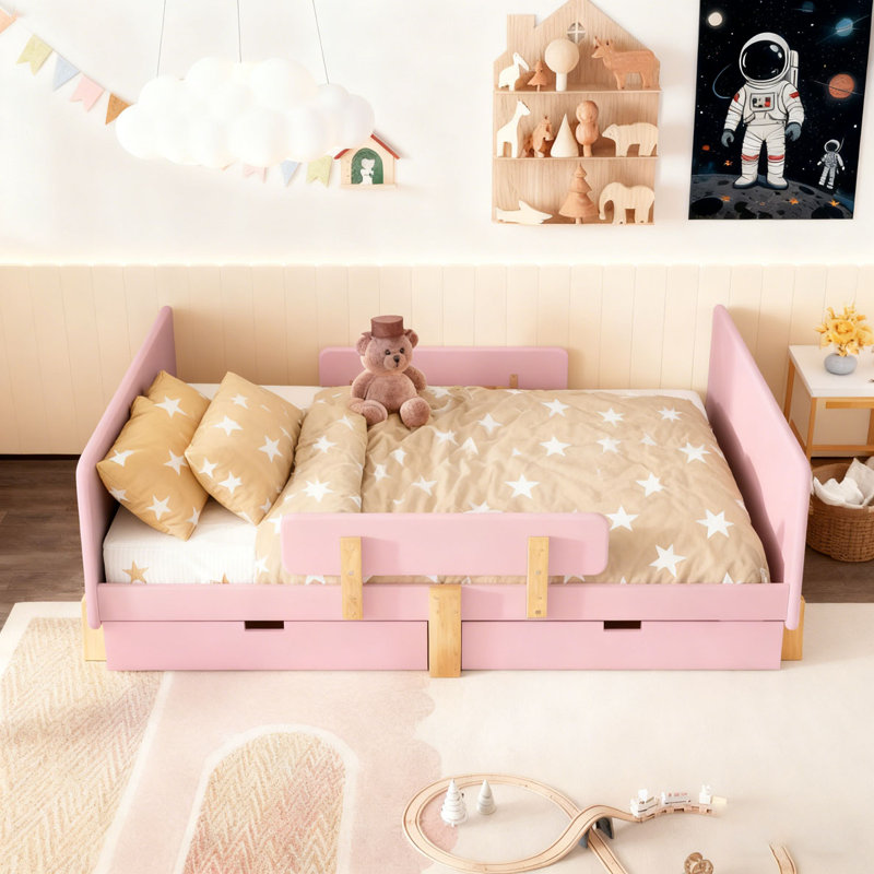 Platform Bed with Storage Drawers, Solid Wood Beds Frame with Bed Guardrail, Small Shelf, and Hooks, Full, Pink