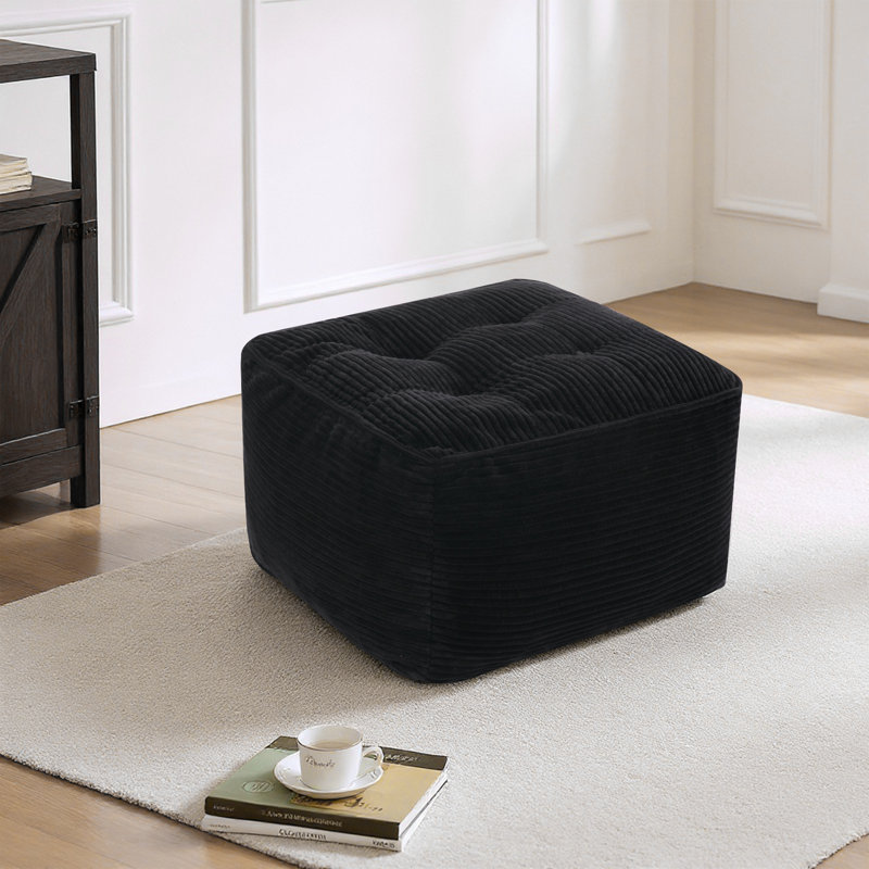 Soft And Supportive Corduroy Compression Footrest Pouf Ottoman, Black