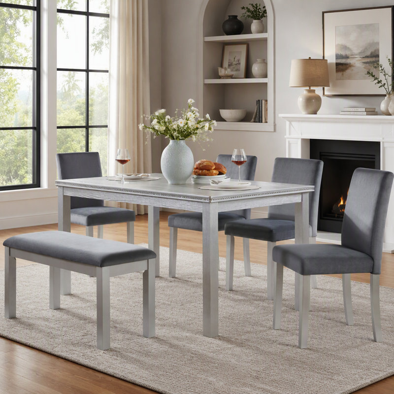 Ensemble de table de salle à manger 6 pièces en bois avec 4 chaises rembourrées et un banc